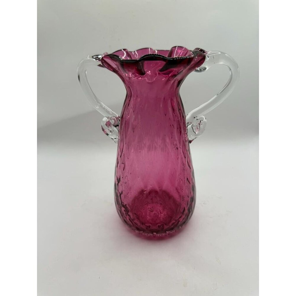 Rossi Art Glass Handblown Cranberry Optic Quilt Glass Double "Handle Vase